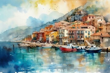 beautiful watercolor painting of a seaside city or small village. generative ai