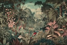 Jungle Wallpaper, Rainforest, Waterfall, Colorful Birds, Flamingos And Butterflies In A Landscape, Antique Drawing. Generative AI