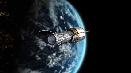 Wall Mural - Hubble Space Telescope High Above Earth Atmosphere with City Night Lights Aligning to Take Pictures of Stars Galaxy Universe with Solar Panels - Realistic 3D CGI Animation 4K