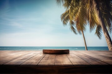 Empty wooden table on sea background, Desk of free space for product display. Created Generative Ai