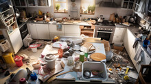 A Very Messy And Dirty Kitchen That Needs Cleaning. An Absolutely Untidy Disaster. (generative AI)
