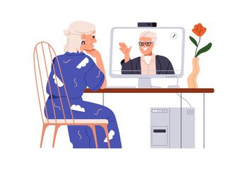 Sticker - Senior love couple, online video conference call. Old woman and man talking through internet. Elderly romantic wife and husband at remote date. Flat vector illustration isolated on white background