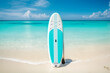 Paddle supboard on a sandy beach on resort tropical island. AI generative