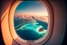 Breathtaking View Of A Tropical Island Paradise From Airplane Window. The Brilliant Colors Of The Sea, Ranging From Turquoise To Deep Blue. AI Generative