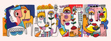Fototapeta Młodzieżowe - Set of colorful abstract face, decorative, line art, doodles hand drawn vector illustration.