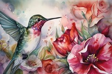 Watercolor Painting Pattern Of A Hummingbird With Flowers And Roses In A Landscape - Used For Wall Painting - Digital Painting -1. Generative AI