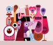 Passionate dance of long hair person at a cocktail party vector illustration. Creative mix design of musical instruments, cocktail glasses, flowers and wine bottle.