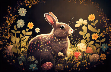 Bunny drawing and painting in vintage flower bright and clear scene for Easter Day, Vintage style and design. AI Generated.