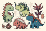 Fototapeta Dinusie - Cute dinosaurs vector set. Hand drawn doodle triceratops, stegosaurus, tyrannosaurus, diplodocus, spinosaurus. Dinosaur comic character design for kid, print, clothes, poster, education, generative AI
