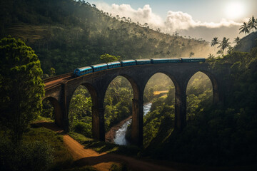  A train crosses a bridge in a jungle sri lanka