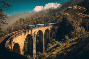  A train crosses a bridge in a jungle sri lanka