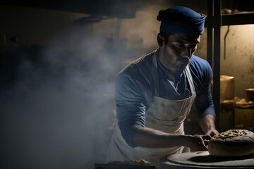 Baker male bearded man makes fresh bread dough at a table in the bakery kitchen., generative ai