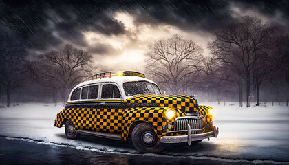 A checkered yellow and black taxi cab in New York. Central Park under the snow - Generative AI