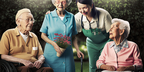 Poster - Happy elderly people with nurses in the garden - Generative AI