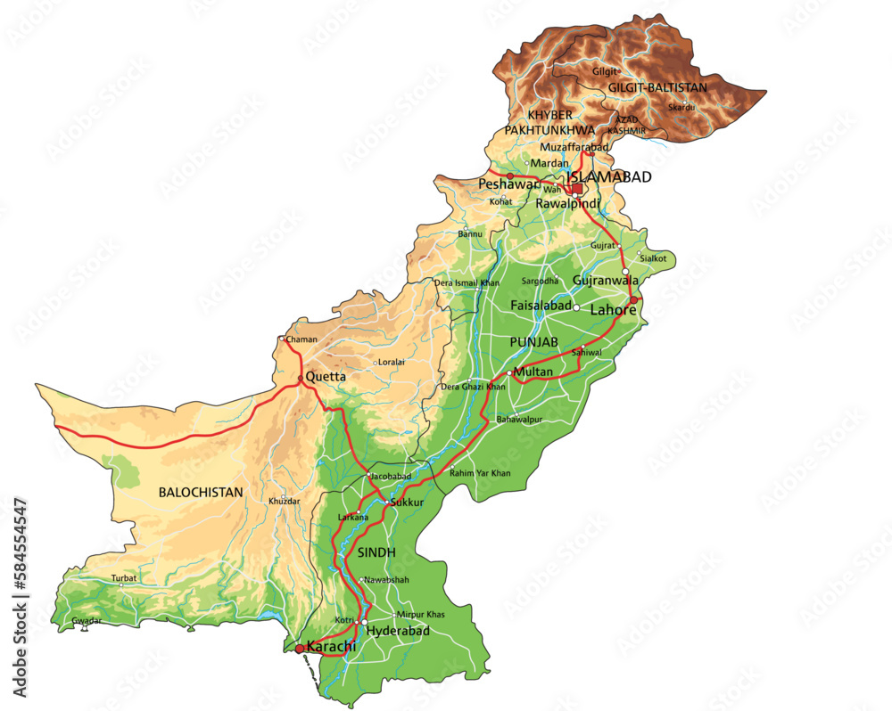 Highly detailed Pakistan physical map with labeling.