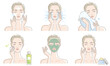 Woman's daily skin care routine. Washing face and facial treatment. Vector illustration isolated on white background.