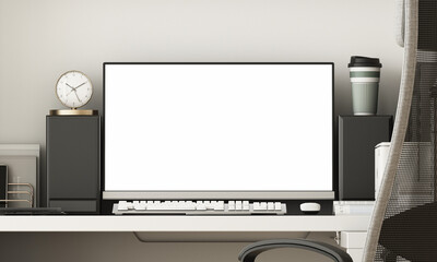 Poster - Workplace. Desktop isolated blank screen with plant and office equipment with keyboard, mouse and laptop. 3d rendering