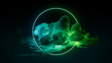 Cloud Formation Illuminated With Green And Turquoise Fluorescent Light. Dark Environment With Circle Shaped Neon Frame.