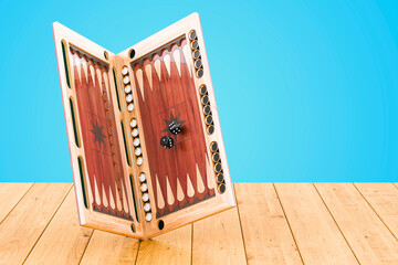 Poster - Backgammon, board game on the wooden table, 3D rendering