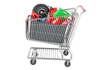 Poster - Plastic box full of car tools, equipment and accessories inside shopping cart, 3D rendering