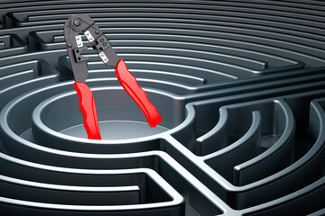 Poster - crimper, crimp tool inside labyrinth, maze. 3d rendering