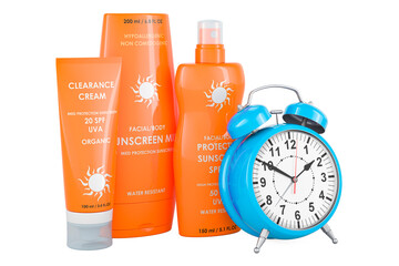 Poster - Sunscreen products with alarm clock, 3D rendering