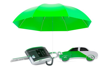 Wall Mural - Car key with car shape metal keychain under umbrella. 3D rendering