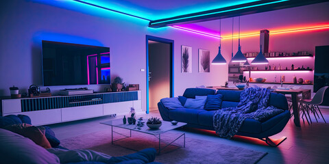 A modern and confortable living room illuminated by led strips - Generative AI