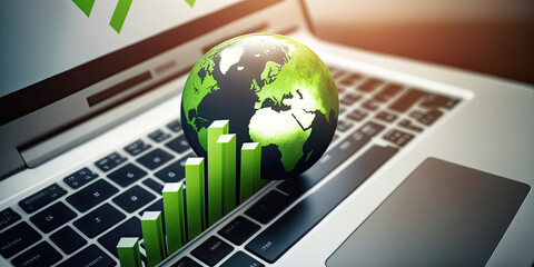 Green Globe on laptop keyboard with Stock graph - Generative AI