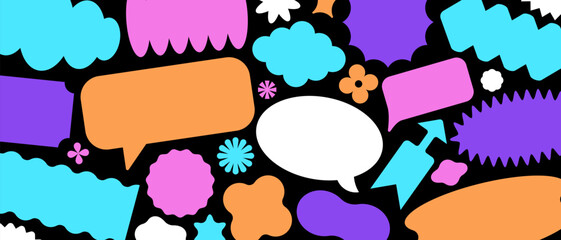 Poster - Vector abstract background, horizontal banner with chat bubbles and stickers, minimalist design elements, futuristic shapes and geometric figures and stars