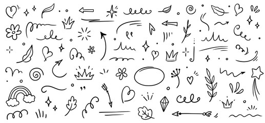 Sketch element line set. Abstract nature element decoration graphic icon set. Sketch hand drawn line element for brush, abstract decoration design. Vector illustration