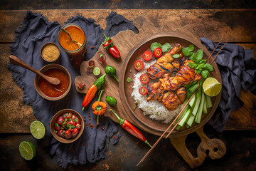 Wall Mural - Chicken grilled satay skewers served with lime and peanut sauce on black, top view. Asian thai style food - Generative AI