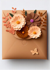 Wall Mural - Opened envelope with paper flowers on light background, top view. AI Generated