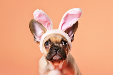 Wall Mural - Easter bunny dog. French Bulldog puppy wearing rabbit costume ears on orange background. Generative AI