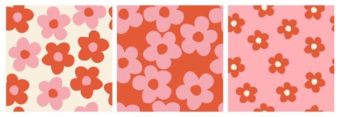 Set of Y2K daisy flowers seamless pattern in groovy retro funky style. Simple shaped flowers vector background. Cozy vintage fabric print, textile, home deco.