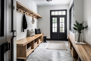 Wall Mural - A stylish and functional mudroom with slate tile floors, white shaker cabinets, and natural wood bench seating with black metal hooks above