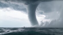 A Towering Waterspout Twisting And Turning Above The Turbulent Ocean. Tornado Photo