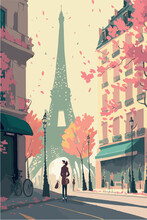 Paris City Of Love. Romantic Poster Of France Capital. Vector Art Painting Of Landmark. Magical Colorful Artwork. Eiffel Tower And Architecture. Colorful  Bohemian City. 