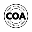 COA Chart of Account - index of all the financial accounts in the general ledger of a company, acronym text stamp