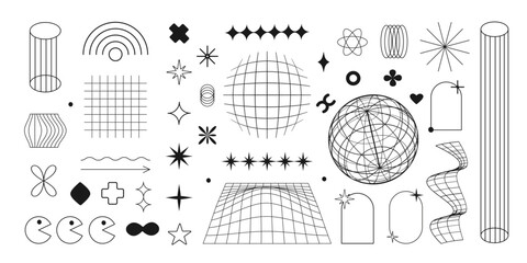 Poster - Aesthetic y2k geometric isolated shapes. Simple line art design elements. Vector illustration on transparent background.