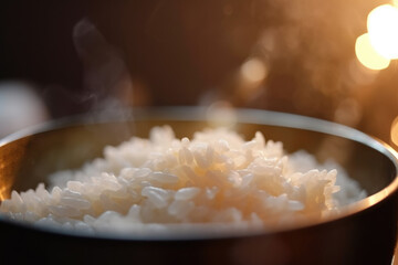 Hot and steaming translucent rice just cooked. A close-up food picture for catering, recipe, and menu.