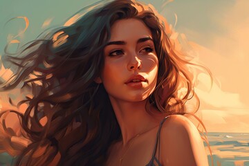 Poster - A Painting Of A Woman With Long Hair And A Blue Dress Marina Photorealism Painting