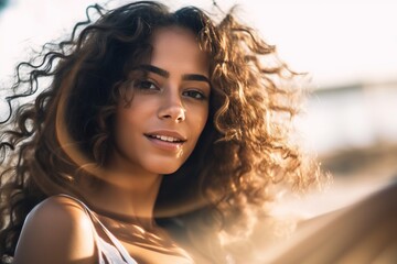 Poster - A Woman With Curly Hair Is Posing For A Picture With Her Hair Blowing In The Wind Marina Portrait Photography Portrait Photography Generative AI 