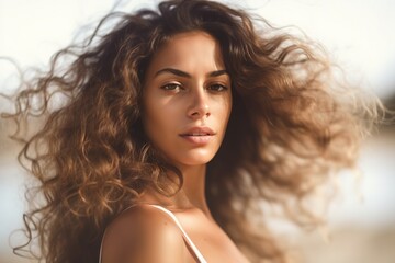 Poster - A Woman With Long Hair Is Posing For A Picture With Her Hair Blowing In The Wind Marina Portrait Photography Haircare Generative AI 