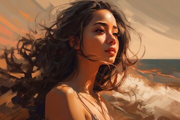 Poster - A Painting Of A Woman With Long Hair Standing In Front Of The Ocean Beach Photorealism Oil Painting Generative AI 