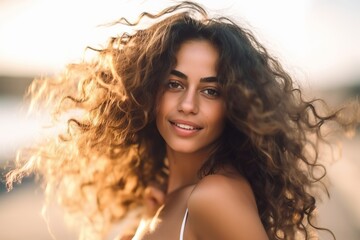 Poster - A Woman With Long Hair Posing For A Picture With Her Hair Blowing In The Wind Marina Portrait Photography Haircare Generative AI 