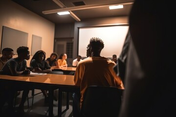 Poster - A Group Of People Sitting At A Table In A Room With A Projector Screen Classroom Documentary Photography Documentary Photography Generative AI 