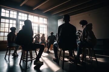 Poster - A Group Of People Sitting In A Room With A Window And A Person Standing Up Workshop Film Making Diversity And Inclusion Generative AI 