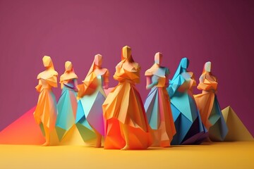 Poster - A Group Of Paper Dolls Standing In A Row On A Table Art Museum Origami Motion Graphics