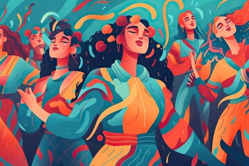 Poster - A Group Of Women In Colorful Dresses Dancing Together In A Circle Nightclub Fauvism Latin American Culture Generative AI 